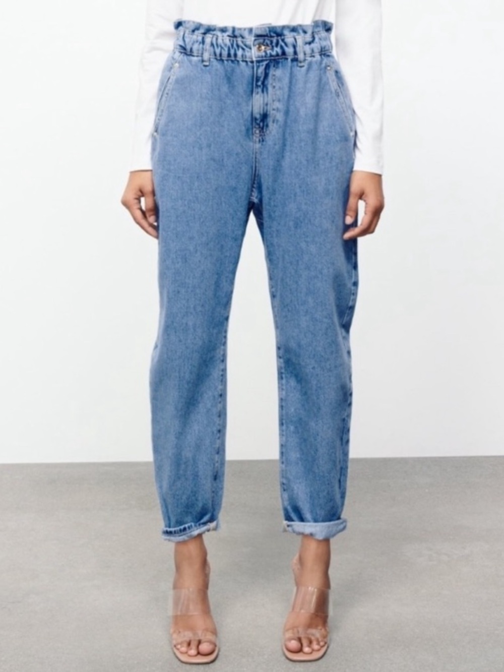 Zara High-Rise Paperbag Denim Jeans - Light Blue - Size 6